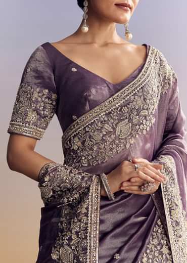 Purple Tissue Saree With Heavy Floral Embroidered Border