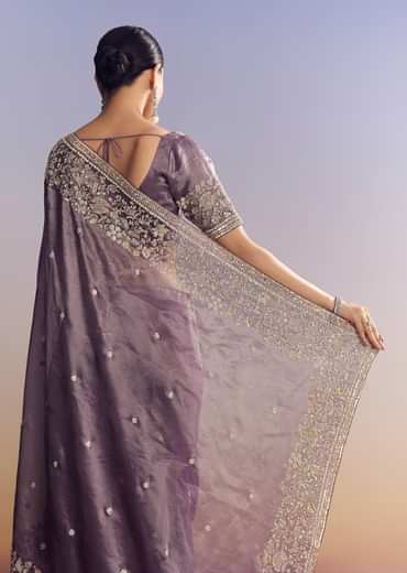 Purple Tissue Saree With Heavy Floral Embroidered Border