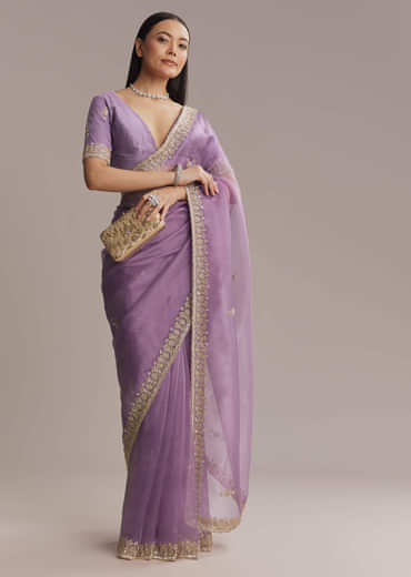 Purple Tissue Saree With Zardosi And Bead Embroidery