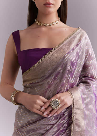 Purple Tissue Saree With Zig Zag Weave And Zari Border