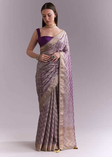 Purple Tissue Saree With Zig Zag Weave And Zari Border