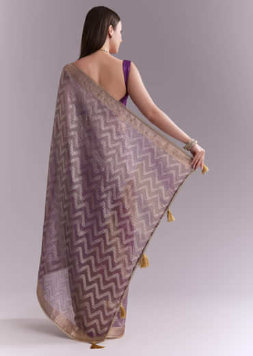 Purple Tissue Saree With Zig Zag Weave And Zari Border