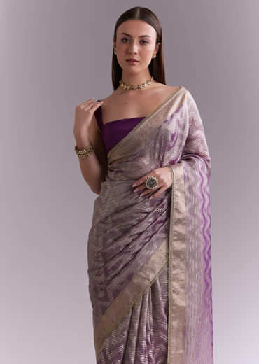 Purple Tissue Saree With Zig Zag Weave And Zari Border