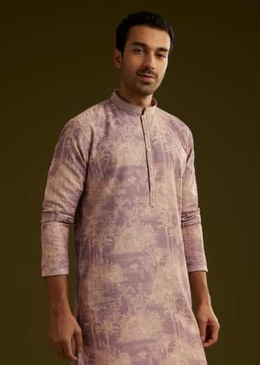 Purple Tree Motif Printed Silk Kurta Set
