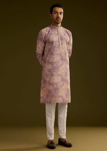 Purple Tree Motif Printed Silk Kurta Set