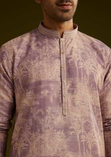 Purple Tree Motif Printed Silk Kurta Set