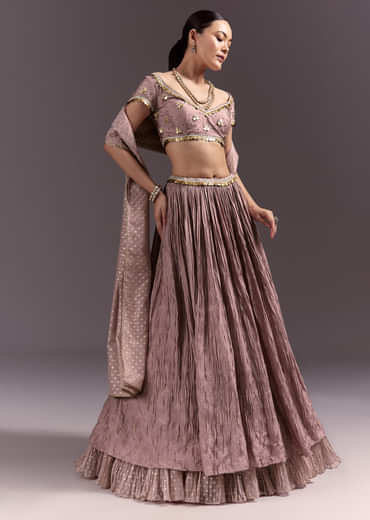 Purple Tussar Lehenga Set With Copper Coin Metal Embroidery