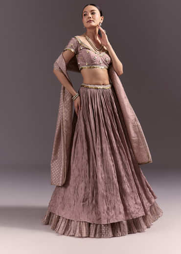 Purple Tussar Lehenga Set With Copper Coin Metal Embroidery