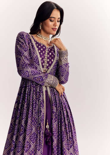 Purple Weave Silk Indowestern Set With Bandhani Print Zari Work Jacket