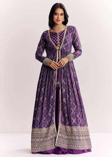 Purple Weave Silk Indowestern Set With Bandhani Print Zari Work Jacket