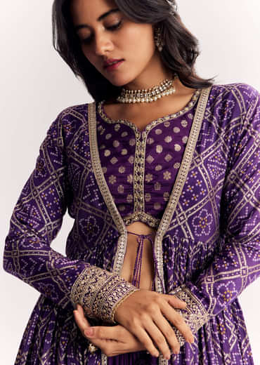 Purple Weave Silk Indowestern Set With Bandhani Print Zari Work Jacket