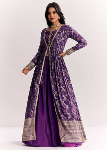 Purple Weave Silk Indowestern Set With Bandhani Print Zari Work Jacket