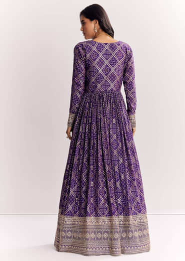 Purple Weave Silk Indowestern Set With Bandhani Print Zari Work Jacket