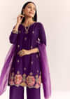 Purple Zardosi Work Dola Silk Kurta With Organza Dupatta