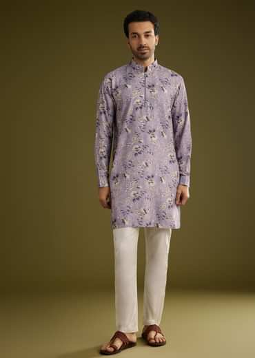 Purple Zipper Kurta Set In Russian Silk With Floral Printed