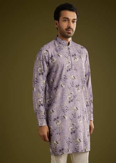 Purple Zipper Kurta Set In Russian Silk With Floral Printed