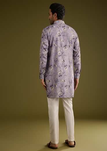 Purple Zipper Kurta Set In Russian Silk With Floral Printed