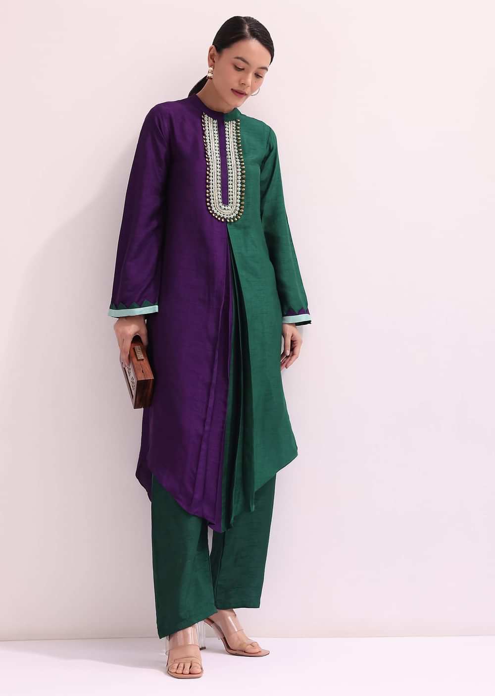 Purple And Green Embroidered Kurta And Pant