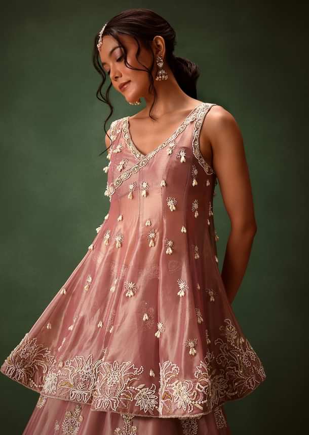 Purple Angrakha Style Embroidered Kurta With Lehenga