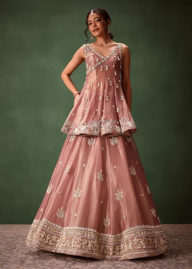 Purple Angrakha Style Embroidered Kurta With Lehenga