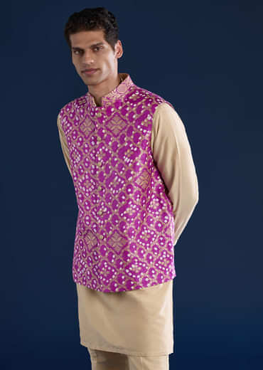Purple Bandhani Silk Mens Jacket Kurta Set