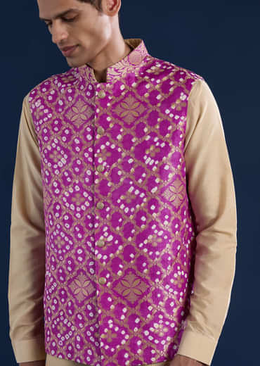 Purple Bandhani Silk Mens Jacket Kurta Set