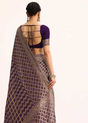 Purple Bandhani Tie Dye Saree With Zari Jaal And Unstitched Blouse