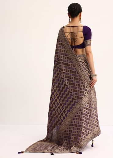 Purple Bandhani Tie Dye Saree With Zari Jaal And Unstitched Blouse