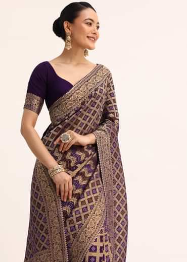 Purple Bandhani Tie Dye Saree With Zari Jaal And Unstitched Blouse