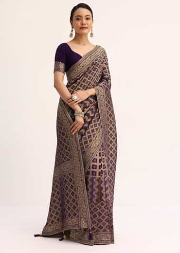 Purple Bandhani Tie Dye Saree With Zari Jaal And Unstitched Blouse