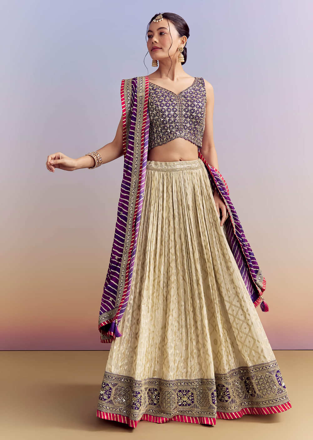 Purple Brocade Silk Bridesmaid Lehenga With Leheriya Dupatta And Zardosi Work