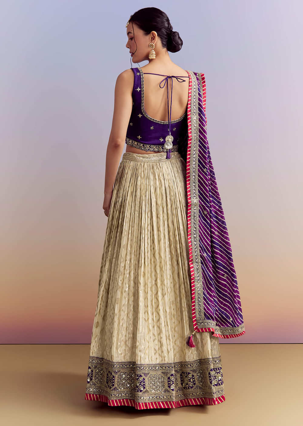 Purple Brocade Silk Bridesmaid Lehenga With Leheriya Dupatta And Zardosi Work