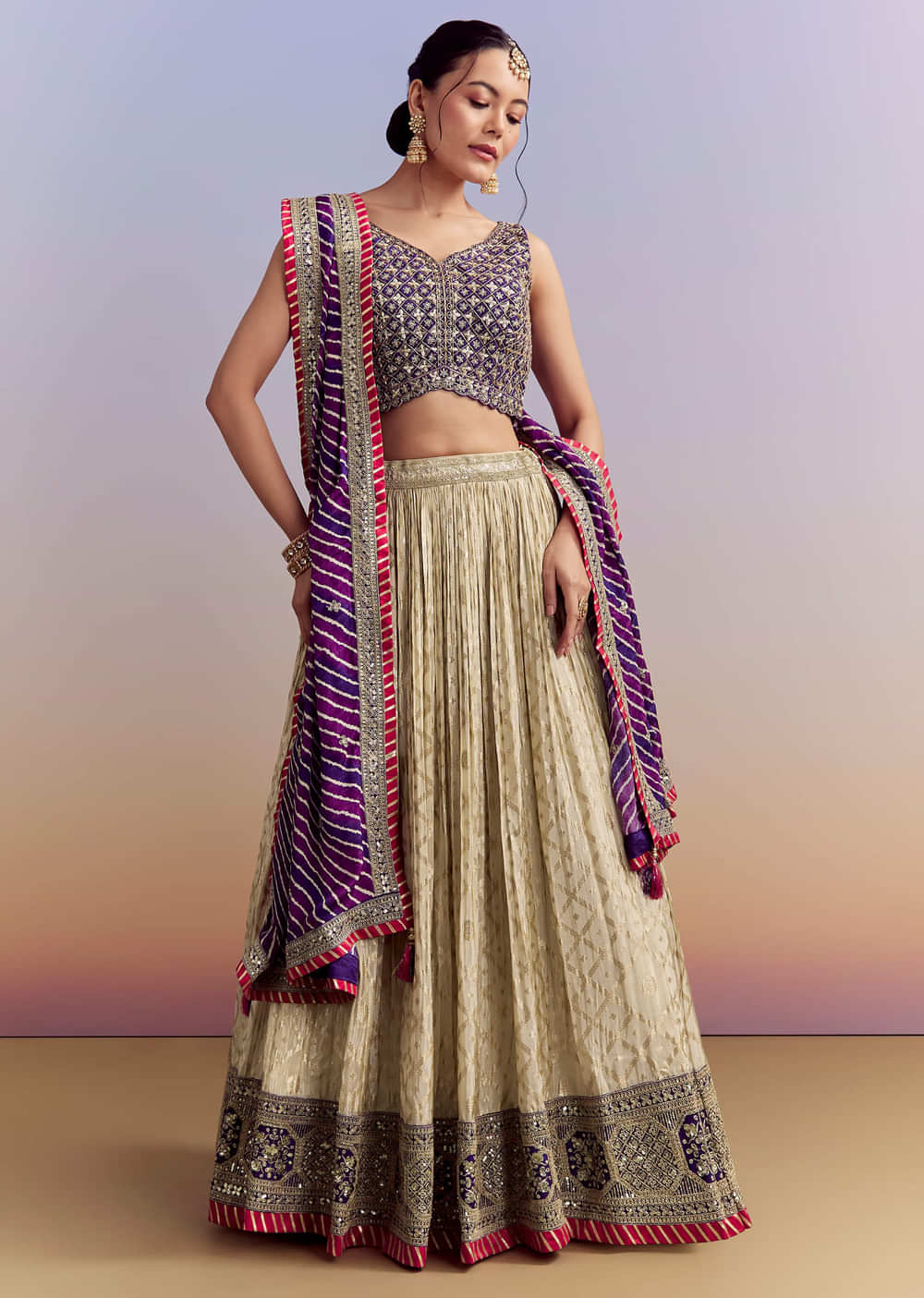 Purple Brocade Silk Bridesmaid Lehenga With Leheriya Dupatta And Zardosi Work
