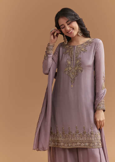 Purple Chinon Palazzo Suit With Moti And Cutdana Embroidery