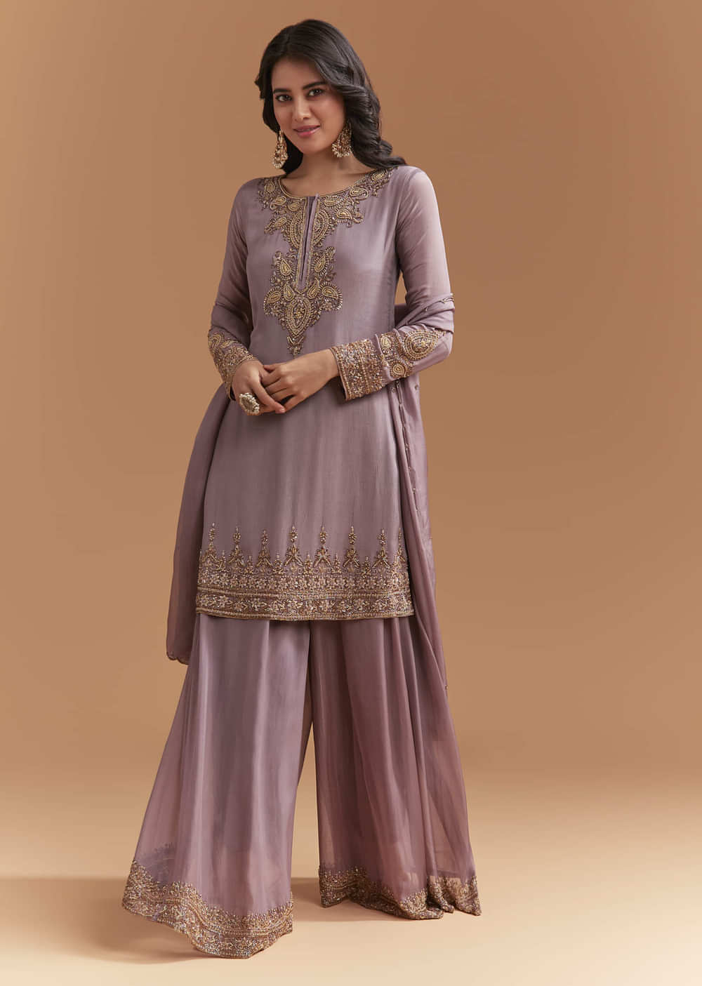 Purple Chinon Palazzo Suit With Moti And Cutdana Embroidery