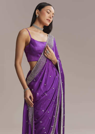 Purple Chinon Saree With Stone And Sequin Embroidery