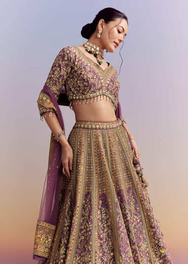 Purple Crepe Printed Bridesmaid Lehenga With Heavy Hand Embroidery