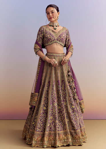 Purple Crepe Printed Bridesmaid Lehenga With Heavy Hand Embroidery