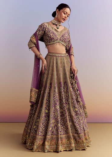 Purple Crepe Printed Bridesmaid Lehenga With Heavy Hand Embroidery