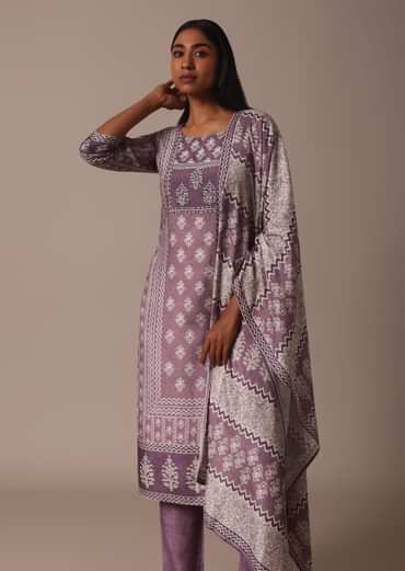 Purple Crepe Printed Kurti Pant Set With Cutdana Detail