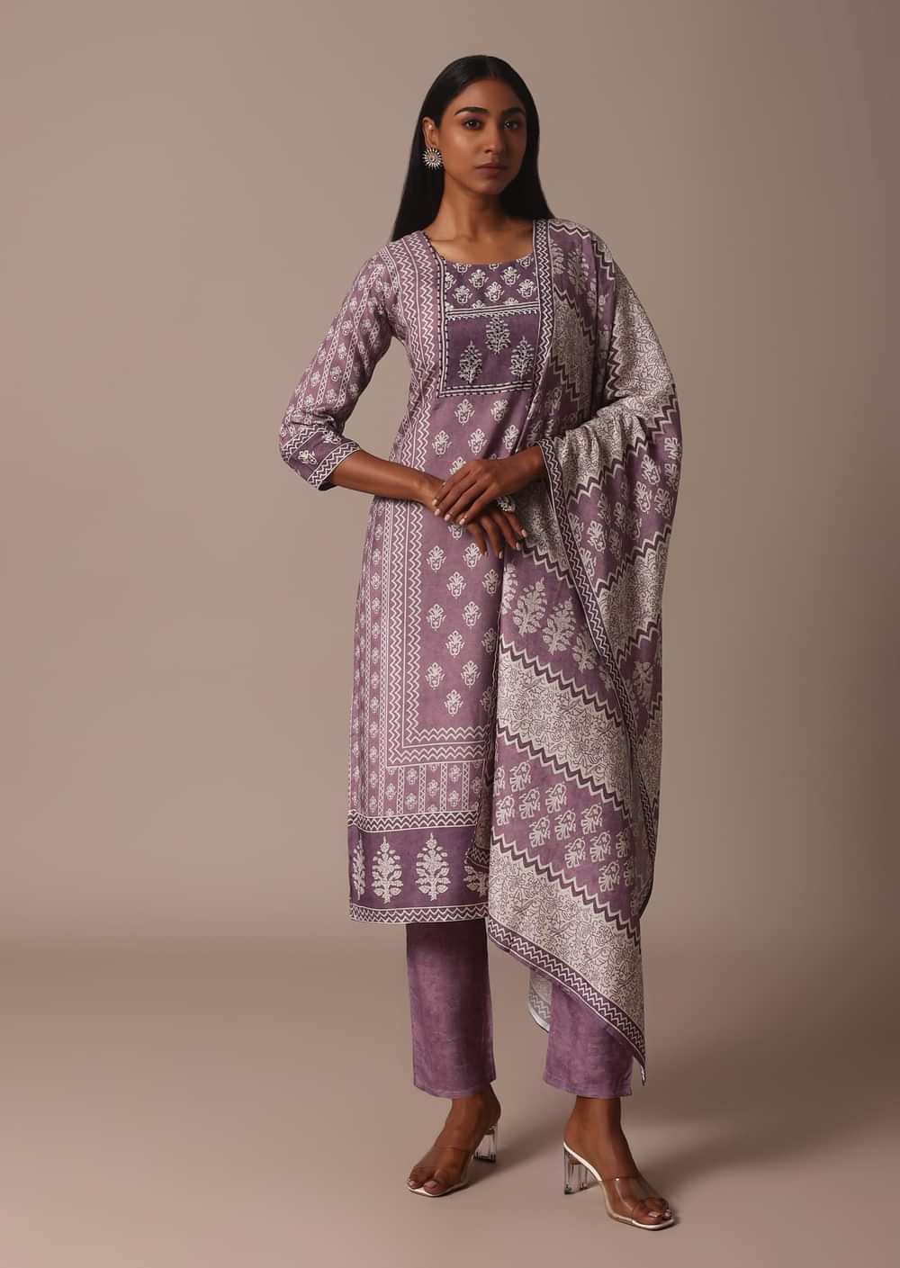 Purple Crepe Printed Kurti Pant Set With Cutdana Detail
