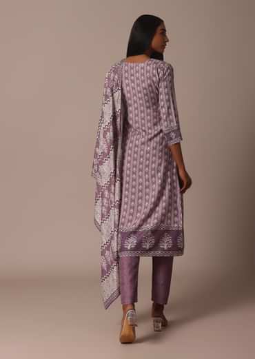 Purple Crepe Printed Kurti Pant Set With Cutdana Detail