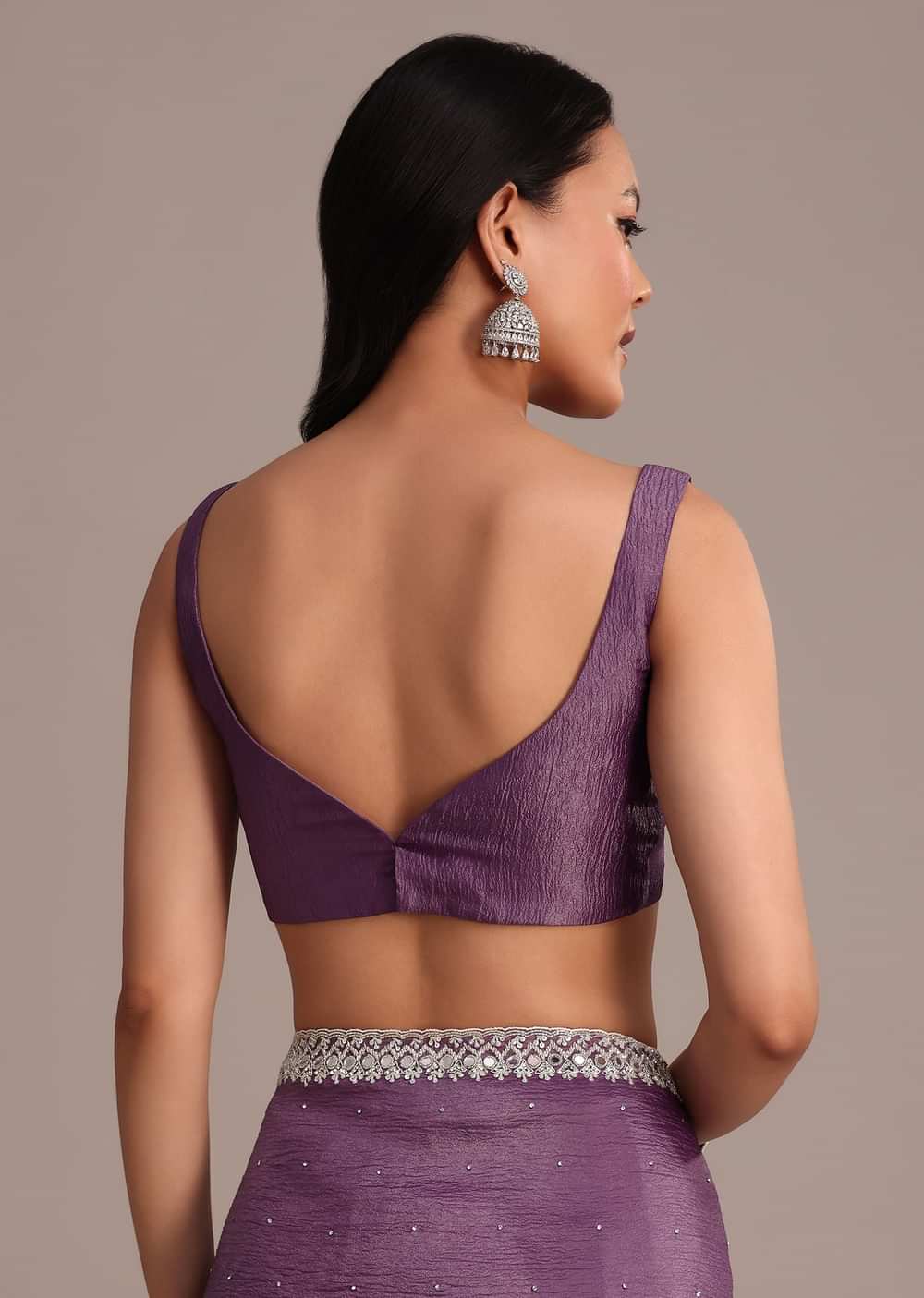 Purple Crushed Tissue Saree With Mirror And Cutdana Embellished Border