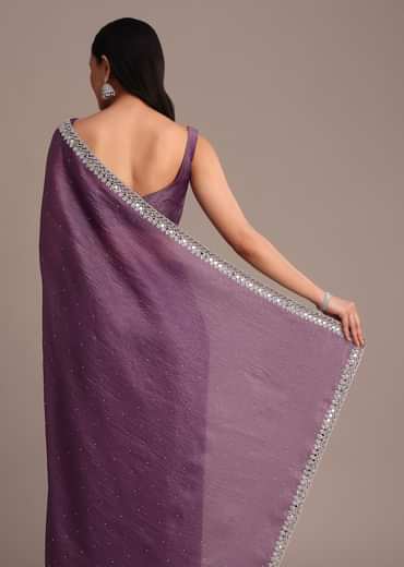Purple Crushed Tissue Saree With Mirror And Cutdana Embellished Border