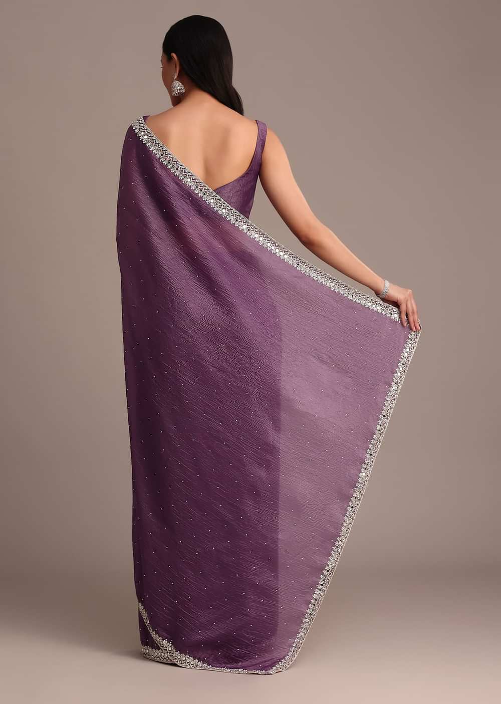 Purple Crushed Tissue Saree With Mirror And Cutdana Embellished Border