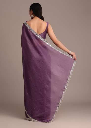 Purple Crushed Tissue Saree With Mirror And Cutdana Embellished Border