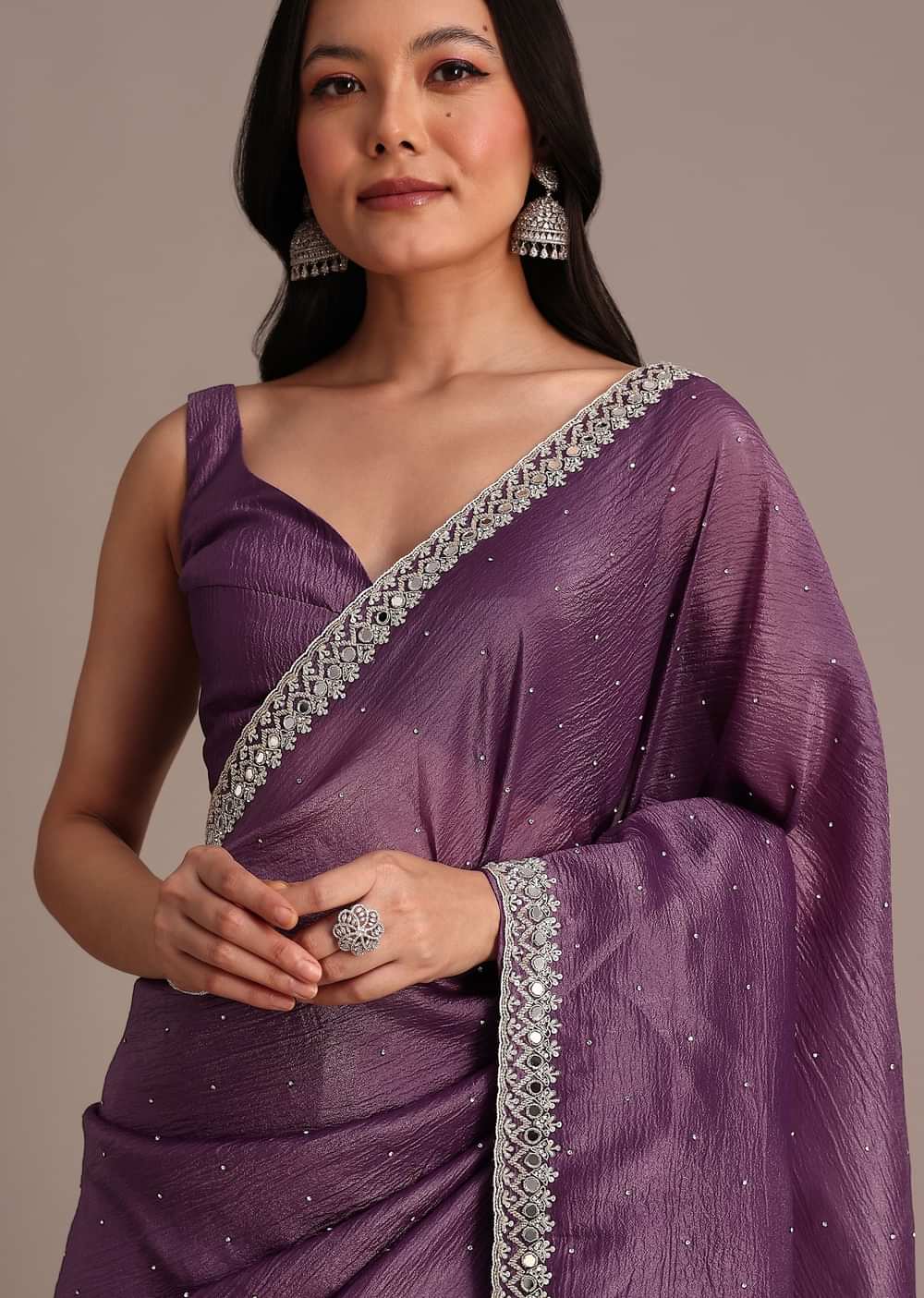 Purple Crushed Tissue Saree With Mirror And Cutdana Embellished Border