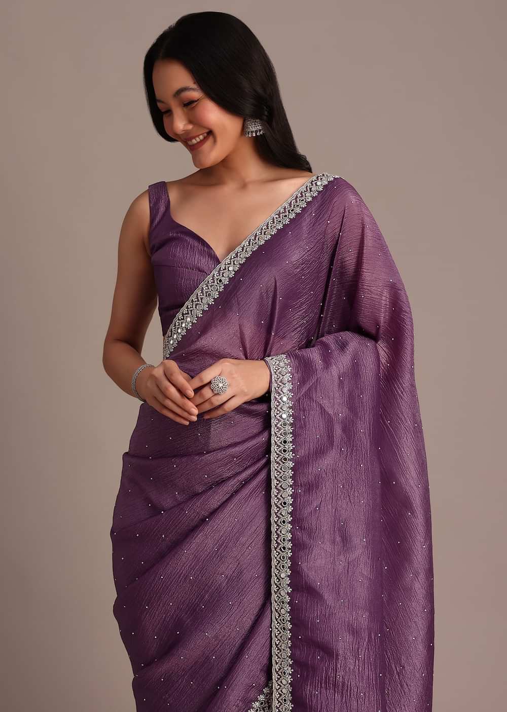 Purple Crushed Tissue Saree With Mirror And Cutdana Embellished Border