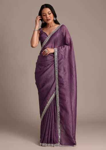 Purple Crushed Tissue Saree With Mirror And Cutdana Embellished Border