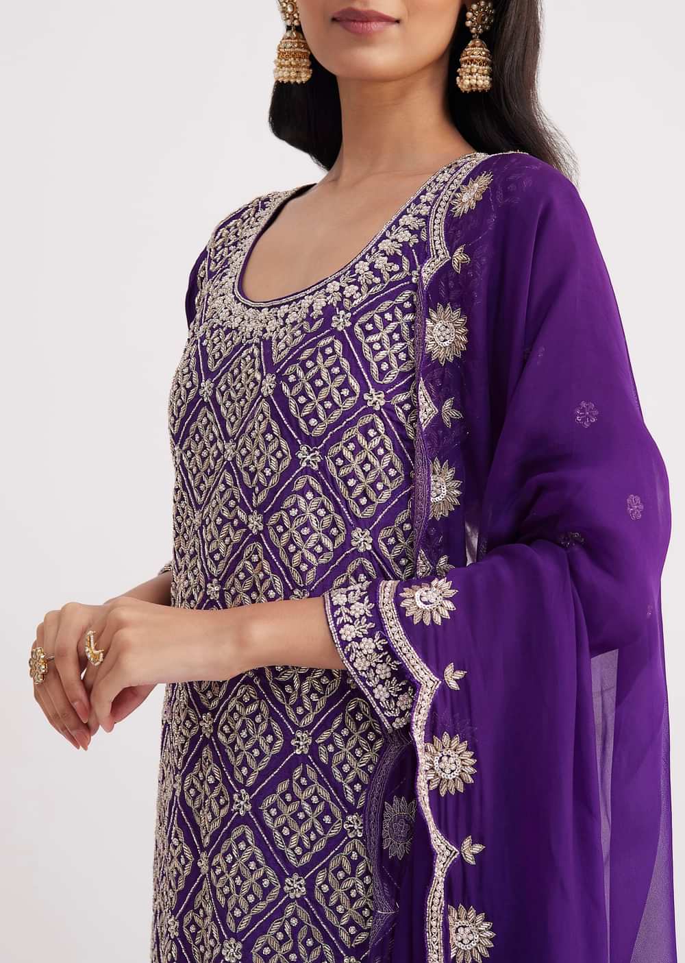 Purple Cutdana Embroidered Sharara Suit With Organza Dupatta